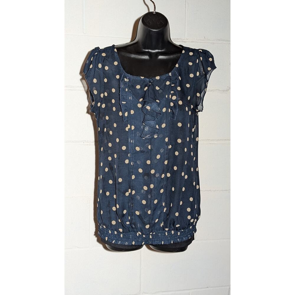 Maurices Navy Blue Polka Dot Sleeveless Blouse Top with Ruffle Detail Medium